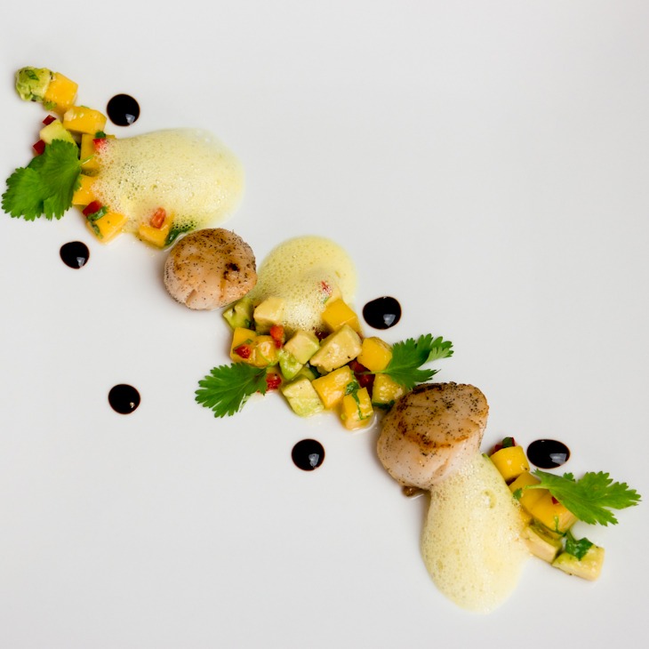 Jakobsmuscheln mit Mango-Avocado-Salat und Orangen-Kokos-Schaum – el gusto
